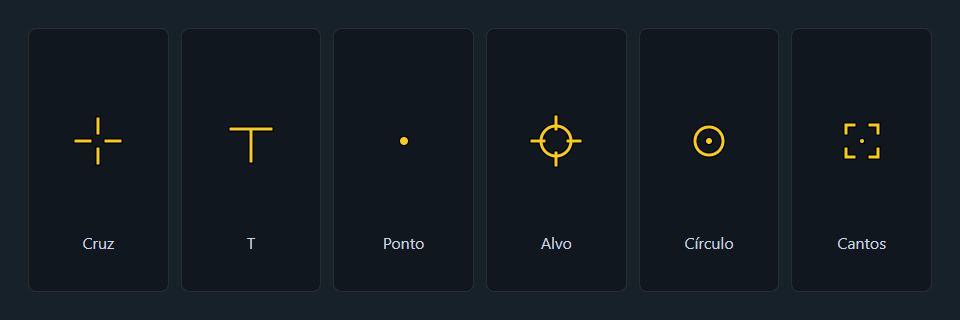 Os seis formatos de Crosshair: Cruz, T, Ponto, Alvo, Círculo e Cantos